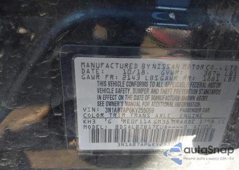 2019 Nissan Sentra S z USA, uszkodzony, nr VIN 3N1AB7AP6KY255069